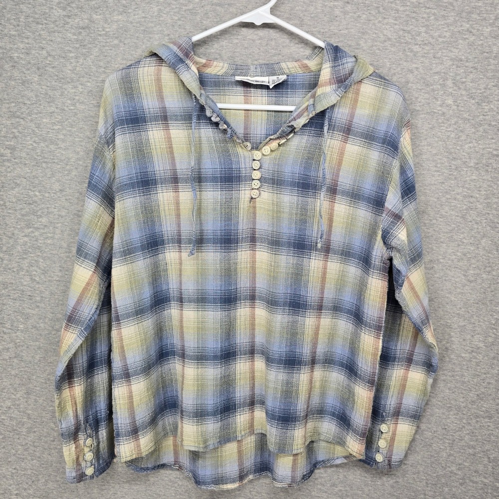 Fashion Bug Womens Plaid Hooded Henley Top Blue Tan Cotton M Earth Tone Slouchy